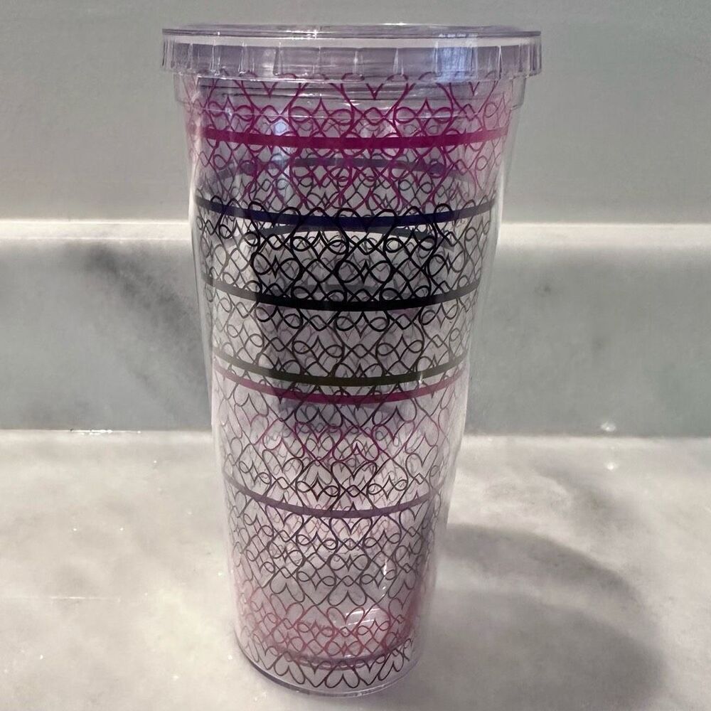 Starbucks Rainbow Hearts Plastic Cup Tumbler W/ Lid & New Straw Multicolor 591ml